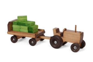 Wood toy tractor & wagon with hay bales