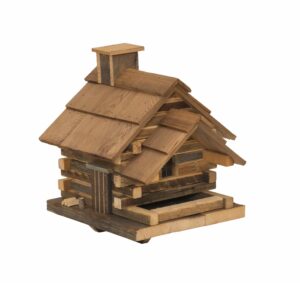 Log cabin homemade bird feeder made of reclaimed wood. small craft shop