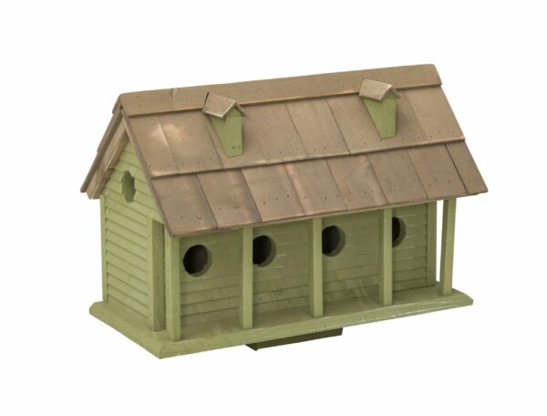 6 room martin mansion birdhouse made of pine wood olive with stained wood roof