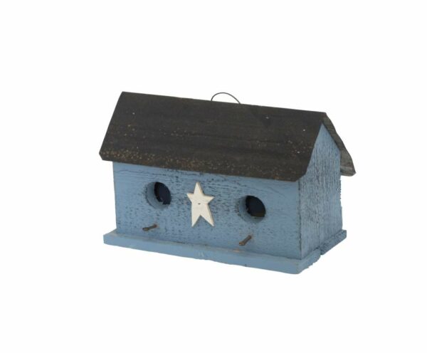 two hole reclaimed wood birdhouse painted blue