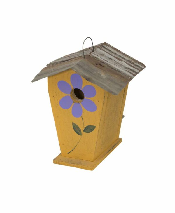 flower chalet wooden birdhouse hand painted yellow with purple flower