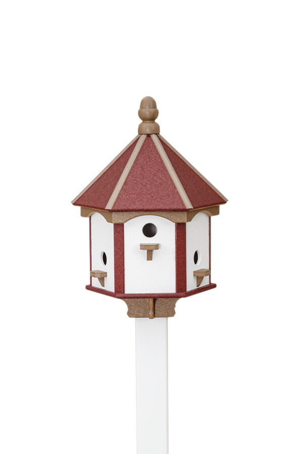6 compartment poly birdhouse with lift off roof white, weatherwood trim, cherry roof