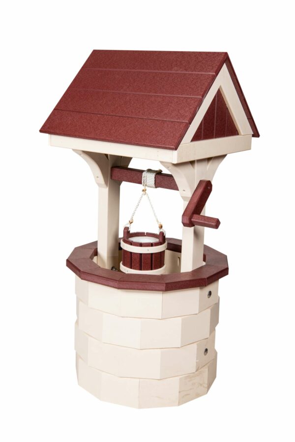 Outdoor Poly Wishing Well Ivory with Cherrywood roof & trim